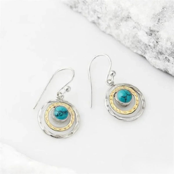 Boho Saturn Ohrringe mit türkisem Stein in Silber & Gold